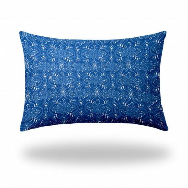 Homeroots 24" X 36" Blue And White Blown Seam Ikat Lumbar Indoor Outdoor Pillow  100% Polyester 410236