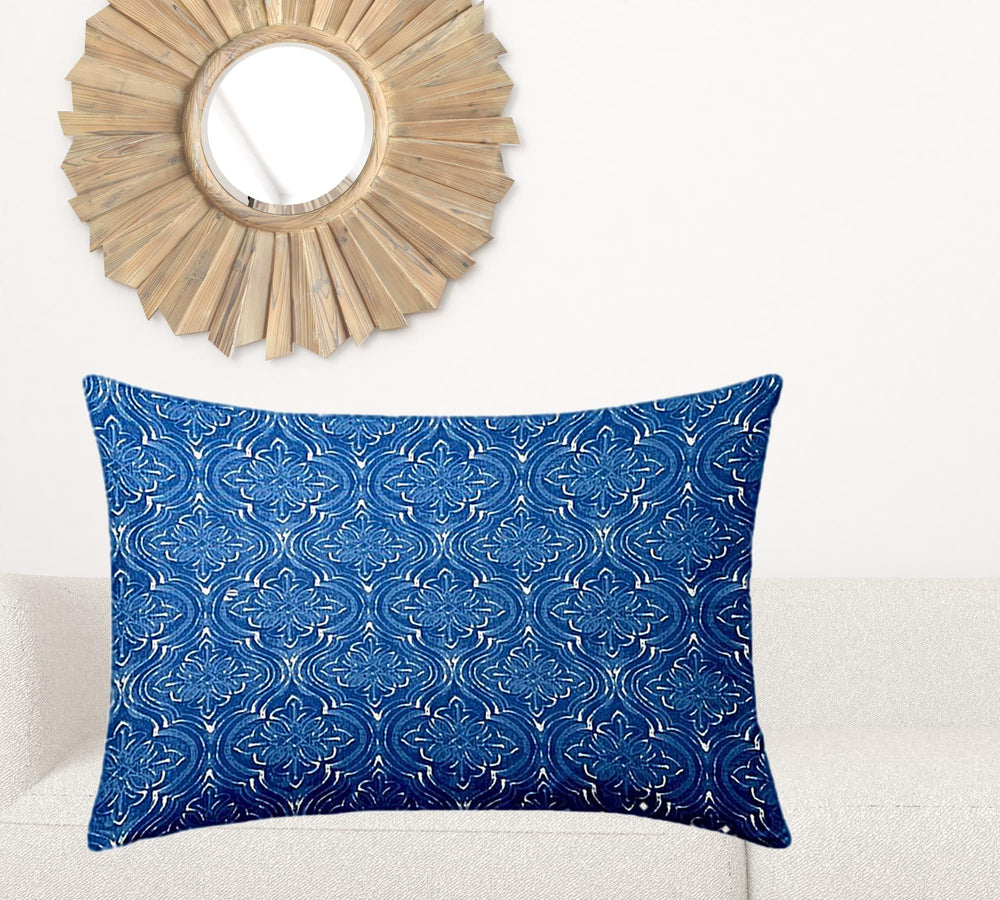 Homeroots 24" X 36" Blue And White Blown Seam Ikat Lumbar Indoor Outdoor Pillow  100% Polyester 410236