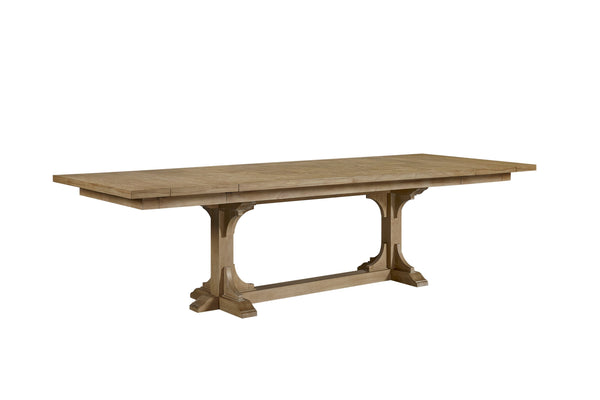English Elm Trestle Solid Wood Dining Table with Hickory Geometric Veneer Top, Extends 84" to 114" with Leaves Beige 88 L x 48.75 W x 9.5 H B2699S00091