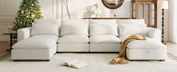 English Elm U_style Modular U-shaped Sectional Sofa with Storage Ottomans Linen Polyester 6 Seat Beige WY000462AAA