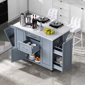 English Elm K&K Vintage Convex Kitchen Island Cart with Faux Marble Top, Tilt Trash, Pull-Out Organizer, Wheels Grey+Blue N707P299008G