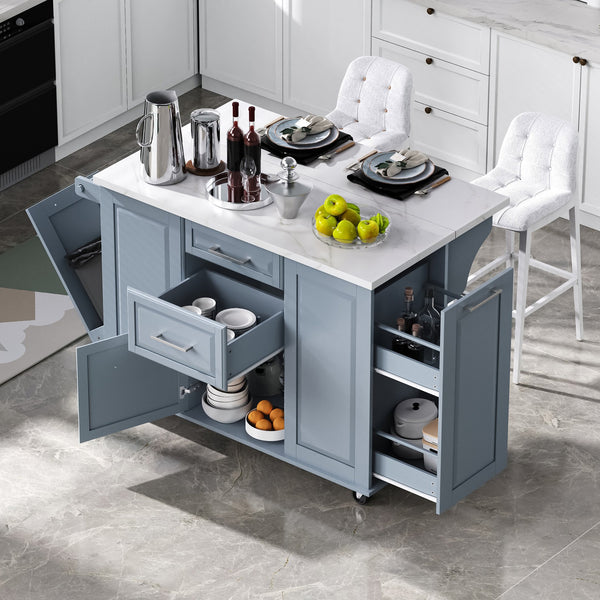 English Elm K&K Vintage Convex Kitchen Island Cart with Faux Marble Top, Tilt Trash, Pull-Out Organizer, Wheels Grey+Blue N707P299008G