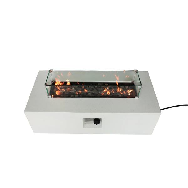 English Elm Rectangular Fiber-Reinforced Concrete Propane Fire Pit Table, 56" Modern White Stone 60,000 BTU B120S00123
