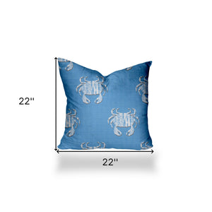 Homeroots 22" X 22" Blue And White Crab Zippered Coastal Throw Indoor Outdoor Pillow  100% Polyester 410543