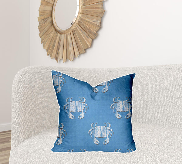 Homeroots 24" X 24" Blue And White Crab Zippered Coastal Throw Indoor Outdoor Pillow  100% Polyester 410548