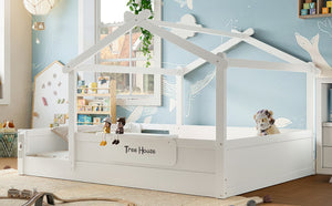 English Elm Queen House Shaped Kids Floor Bed Pine Wood Frame with Guardrails and Personalized Headboard Light White W1580P396334