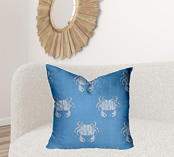 Homeroots 26" X 26" Blue And White Crab Zippered Coastal Throw Indoor Outdoor Pillow Cover  100% Polyester 410552