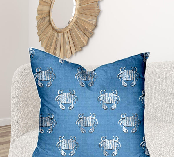 Homeroots 36" X 36" Blue And White Crab Zippered Coastal Throw Indoor Outdoor Pillow  100% Polyester 410558