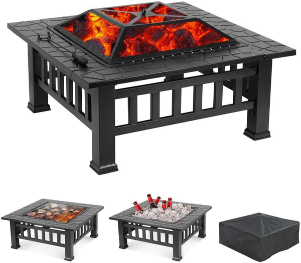 Homeroots 32" Black Square Charcoal Or Wood Burning Fire Pit With Cover   410561