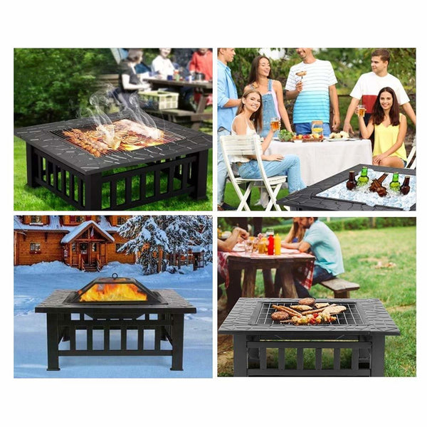Homeroots 32" Black Square Charcoal Or Wood Burning Fire Pit With Cover   410561