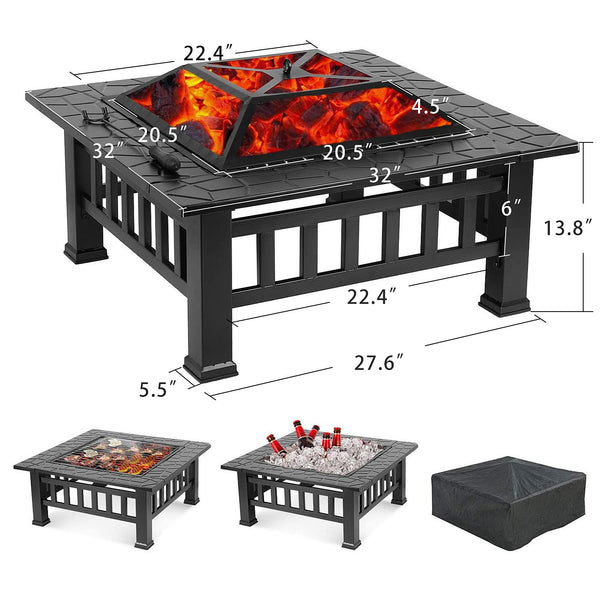 Homeroots 32" Black Square Charcoal Or Wood Burning Fire Pit With Cover   410561