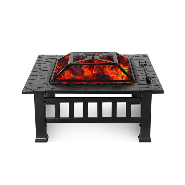 Homeroots 32" Black Square Charcoal Or Wood Burning Fire Pit With Cover   410561
