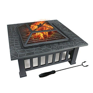 Homeroots 32" Gray Square Charcoal Or Wood Burning Fire Pit With Cover   410562