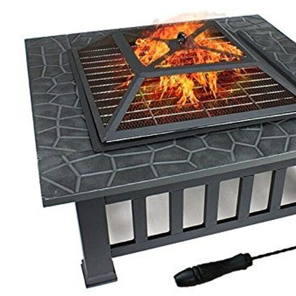 Homeroots 32" Gray Square Charcoal Or Wood Burning Fire Pit With Cover   410562