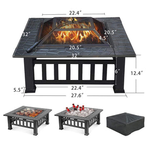 Homeroots 32" Gray Square Charcoal Or Wood Burning Fire Pit With Cover   410562