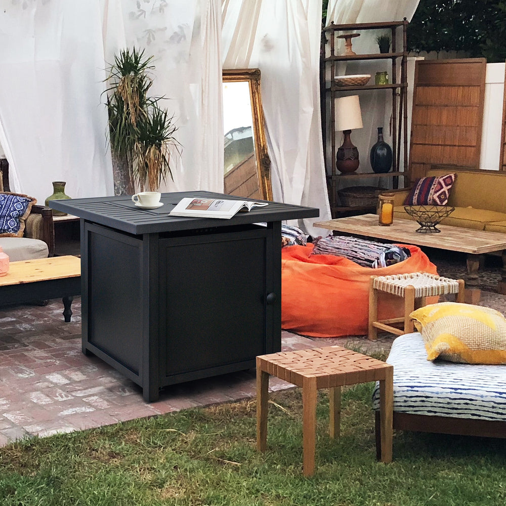 Homeroots 30" Brown Square Slat Top Fire Pit Table With Lid   410564