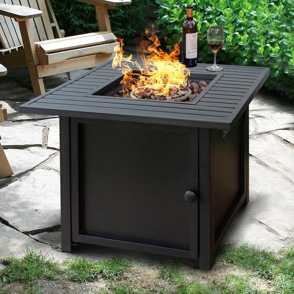 Homeroots 30" Brown Square Slat Top Fire Pit Table With Lid   410564