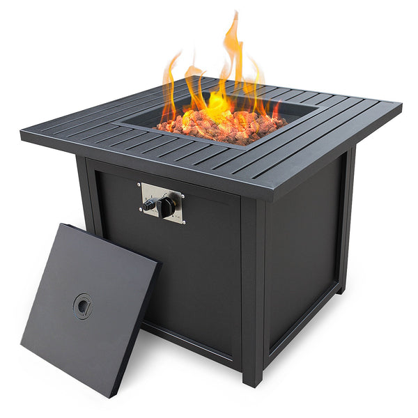 Homeroots 28" Black Square Propane Fire Pit With Lava Rocks And Cover   410566