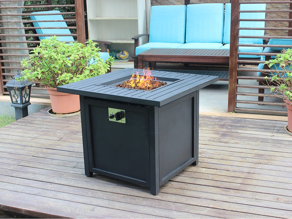 Homeroots 28" Black Square Propane Fire Pit With Lava Rocks And Cover   410566