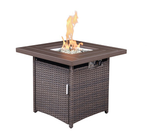 Homeroots 28" Brown Faux Rattan Design Square Propane Fire Pit With Glass Bead Rocks   410567