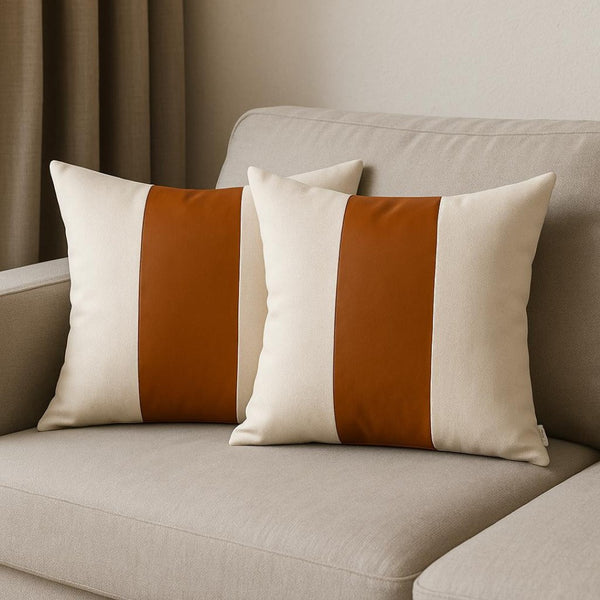 HomeRoots Set of Four 20" Brown and Ivory Faux Leather Pillow Covers - Stylish, Durable, Easy Care Decor Upgrade! 410586
