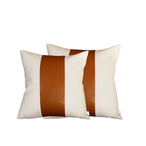 HomeRoots Set of Four 20" Brown and Ivory Faux Leather Pillow Covers - Stylish, Durable, Easy Care Decor Upgrade! 410586