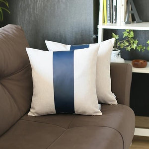 Homeroots Set Of Two 18" X 18" Navy Blue Solid Color Zippered Handmade Faux Leather Throw Pillow   410591