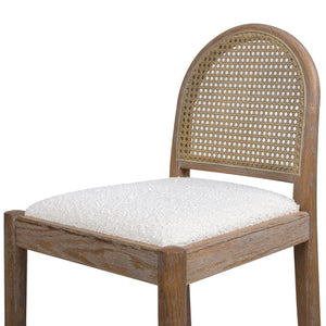 English Elm Jennifer Taylor Home - Panama 30.5" Curved Back Cane Rattan Bar Stool with Oak Frame, Boucle Upholstery & Brass Footrest White B2719P238387