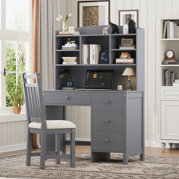 English Elm Vintage 40'' Home Executive Desk Set with Upholstered Chair and Built-In Bookshelf for Stylish Productivity Gray 44 L x 23 W x 13.5 H N733P272894E