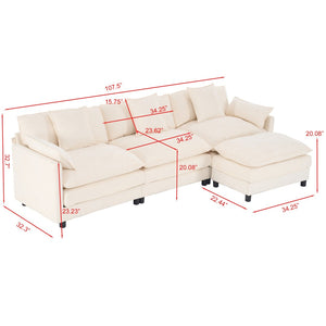 English Elm 108" L-shaped Chenille Cloud Sectional Deep Seat Sofa with Ottoman for Living Rooms Beige W3244S00003