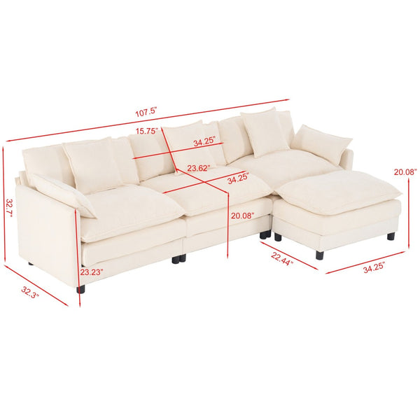 English Elm 108" L-shaped Chenille Cloud Sectional Deep Seat Sofa with Ottoman for Living Rooms Beige W3244S00003