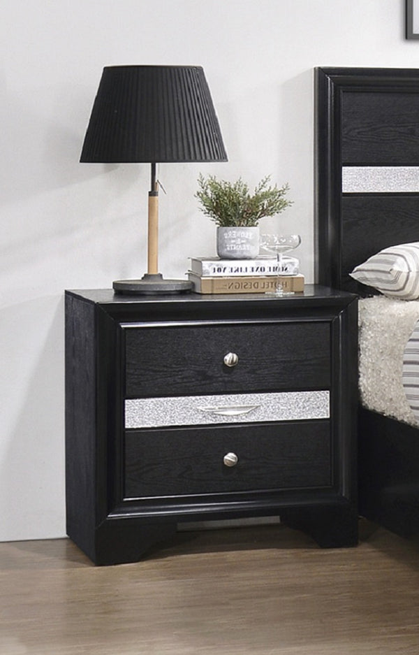 English Elm Modern Glam 2-Drawer Nightstand with Pullout Jewelry Tray Silver Panel Dustproof Bottom Solid Wood Rustic Chic Bedroom Accent B011P234309