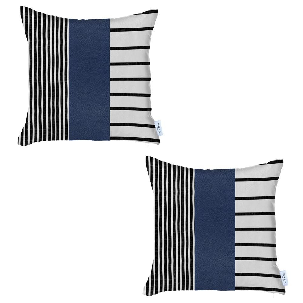 Homeroots Set Of Two 20" X 20" Navy Blue Striped Faux Leather Zippered Pillow Cover   410605