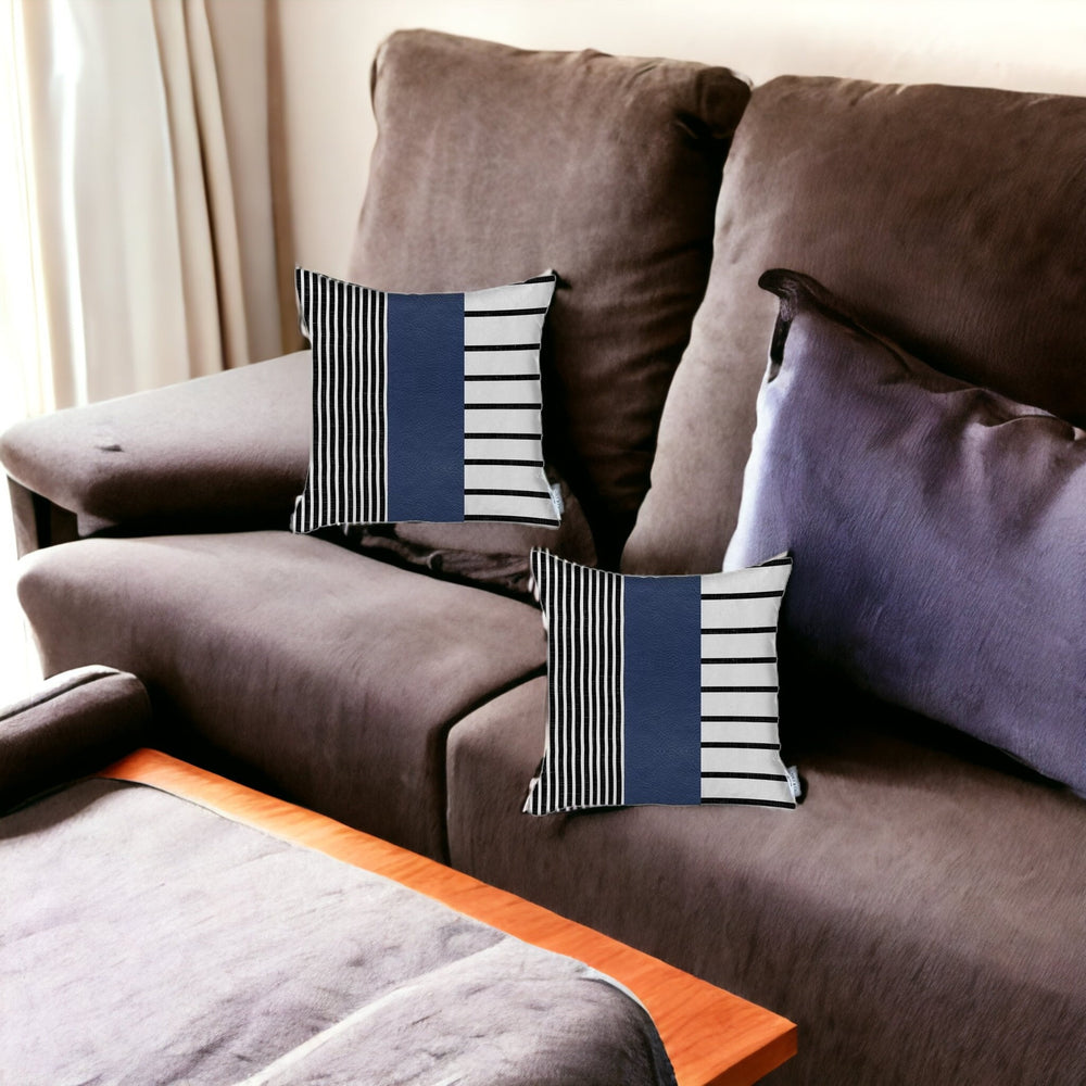 Homeroots Set Of Two 20" X 20" Navy Blue Striped Faux Leather Zippered Pillow Cover   410605