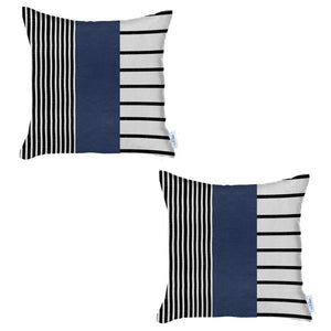 Homeroots Set Of Two 22" X 22" Navy Blue Striped Faux Leather Zippered Pillow Cover   410606