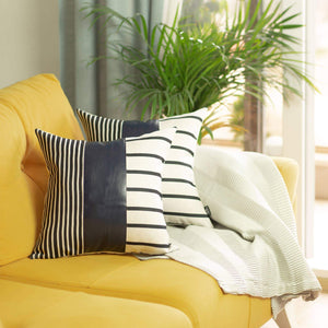 Homeroots Set Of Two 22" X 22" Navy Blue Striped Faux Leather Zippered Pillow Cover   410606