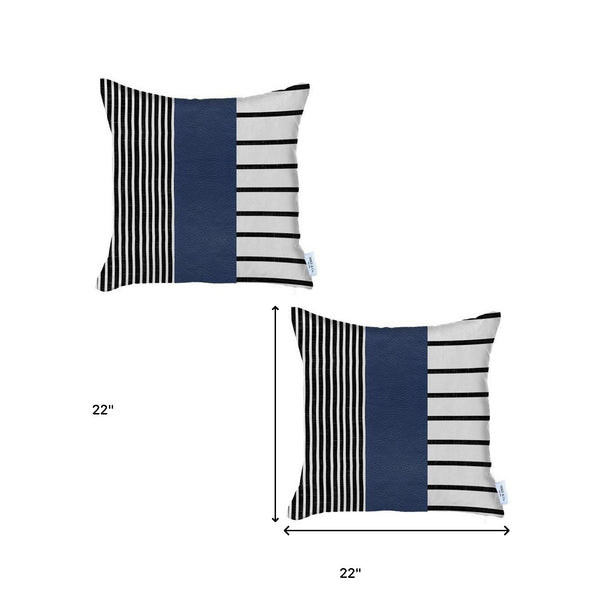Homeroots Set Of Two 22" X 22" Navy Blue Striped Faux Leather Zippered Pillow Cover   410606