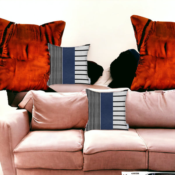 Homeroots Set Of Two 22" X 22" Navy Blue Striped Faux Leather Zippered Pillow Cover   410606