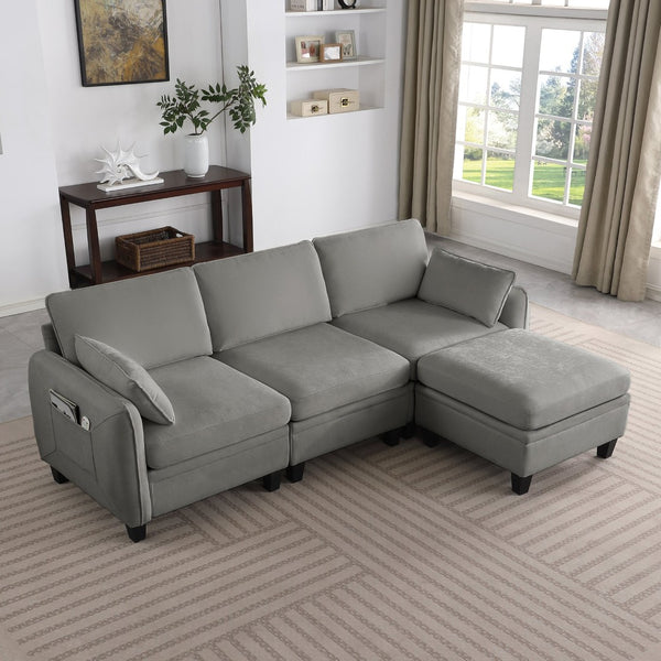 English Elm 102 Inch Linen Modular Sectional Sofa with Hidden Storage and Cloud Cushion Comfort Dark Grey W1099S00213