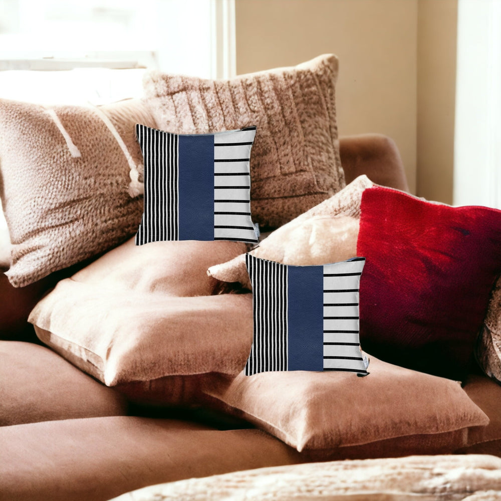 Homeroots Set Of Two 18" X 18" Navy Blue Striped Faux Leather Zippered Pillow   410619
