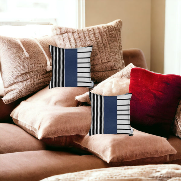 Homeroots Set Of Two 18" X 18" Navy Blue Striped Faux Leather Zippered Pillow   410619