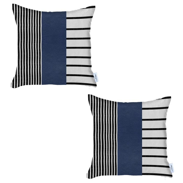 Homeroots Set Of Two 20" X 20" Navy Blue Striped Faux Leather Zippered Pillow   410621