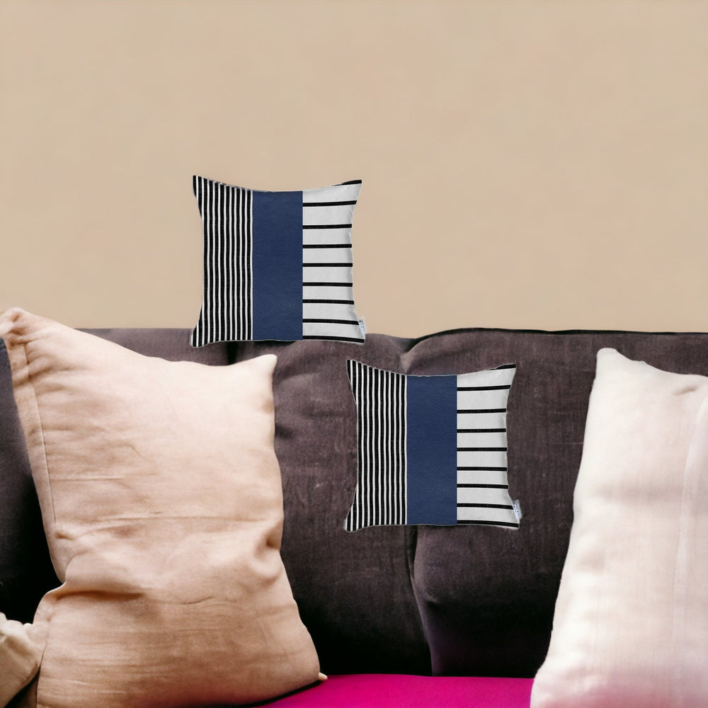 Homeroots Set Of Two 20" X 20" Navy Blue Striped Faux Leather Zippered Pillow   410621