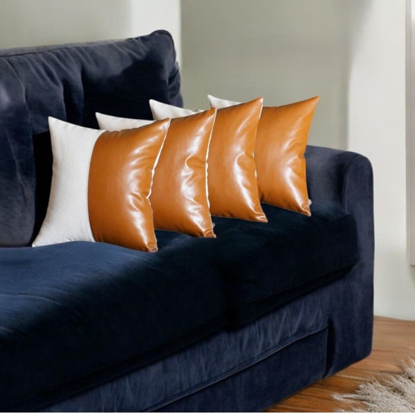 HomeRoots Vegan Faux Leather Throw Pillow Set of 4 – Eco-Friendly, Reversible, Stylish Cushions for Home Decor 410641