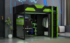 English Elm Full Size Loft Bed with Rgb Lighting Usb Charging Desk Wardrobe and Storage Shelves Green LT000387AAF