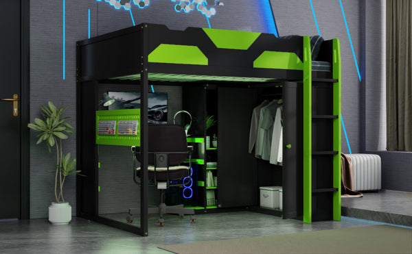 English Elm Full Size Loft Bed with Rgb Lighting Usb Charging Desk Wardrobe and Storage Shelves Green LT000387AAF