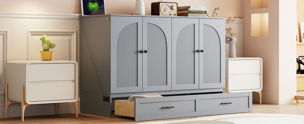 English Elm Full Size Murphy Bed Rattan Cabinet with Storage Drawers and Gold Hardware Gray N708S00009E