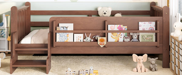 English Elm Twin Pine Floor Bed for Kids with Side Bookcases Built-in Stairs and Safety Guardrails Natural W1580P390215