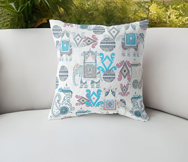 Homeroots 26" White Cyan Tribal Indoor Outdoor Zip Throw Pillow   410888