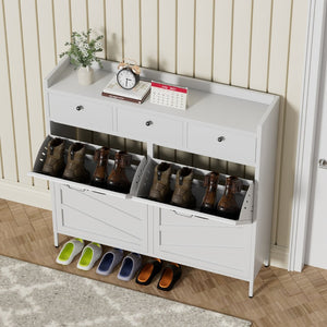 English Elm Metal Powder Coated Steel Shoe Cabinet Slim Entryway Organizer with Seven Drawers White T2398P413026